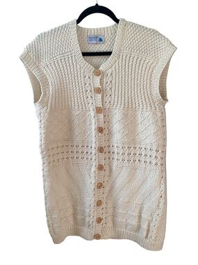 Hand Knit Wool Chunky Button-Front Sweater Vest Cream M